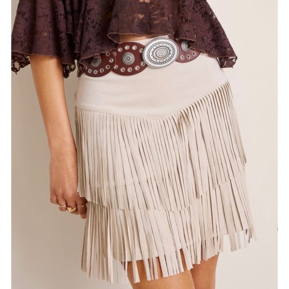 Francesca's Dresses & Skirts - Francesca's Fringe Mini Skirt Women Size M Cream Faux Suede Western Boho NWT